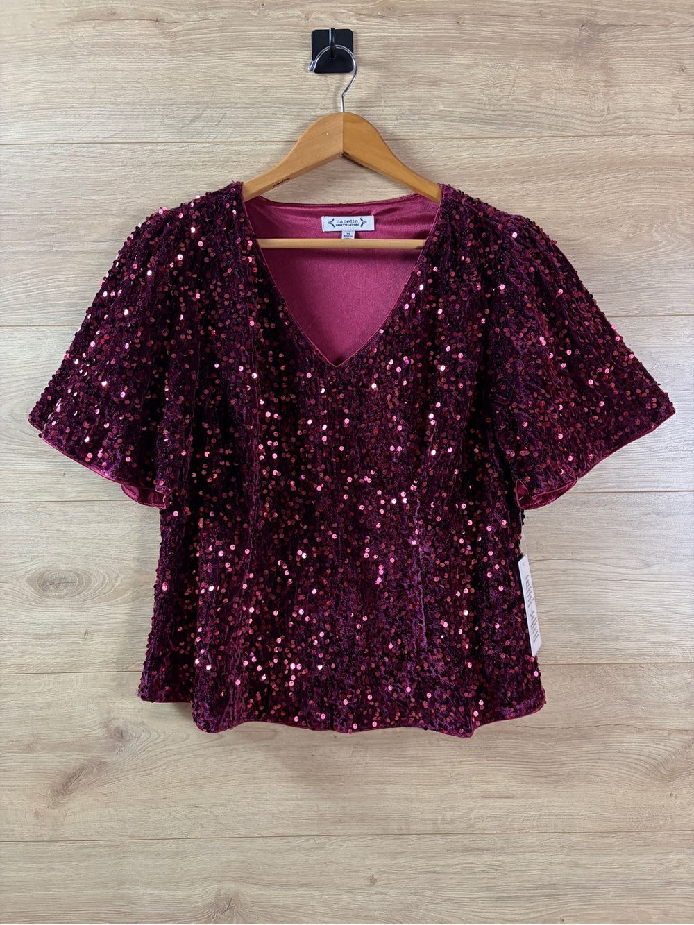 Nanette Lepore Holiday Party Fluttrr Sleeve Sequin Burgundy Wine Top Medium